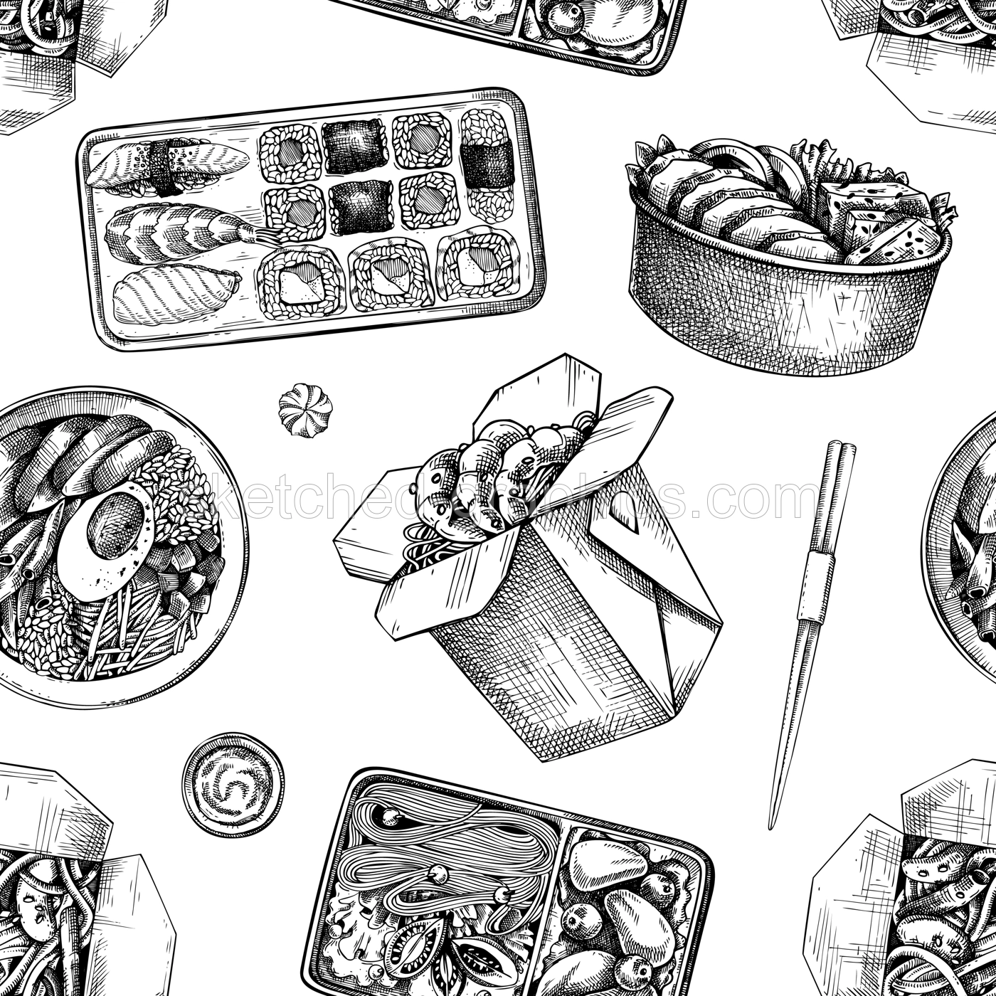 Asian cuisine background. Hand-drawn vector illustration. Fast food seamless pattern. Paper boxes for takeaway food, plastic containers for delivery. Illustration